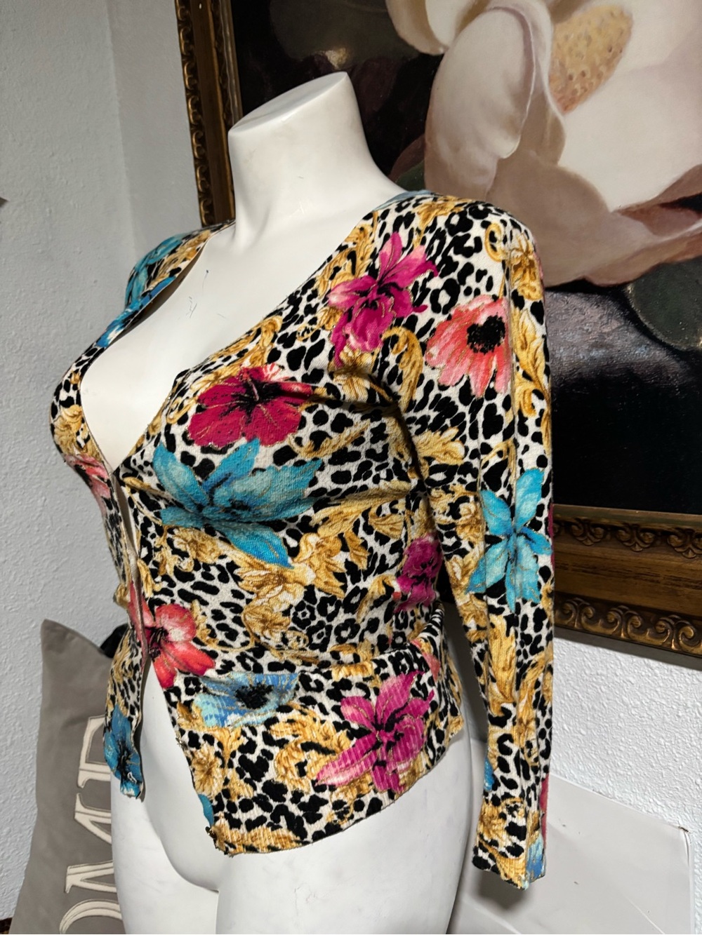 Cache Multicolor Floral & Leopard Print V-Neck Cardigan